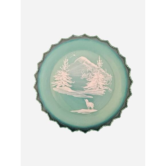 Fenton Blue Custard Uranium Glass Miniature Mountain Landscape Dated ‘83 Plate - Picture 2 of 7